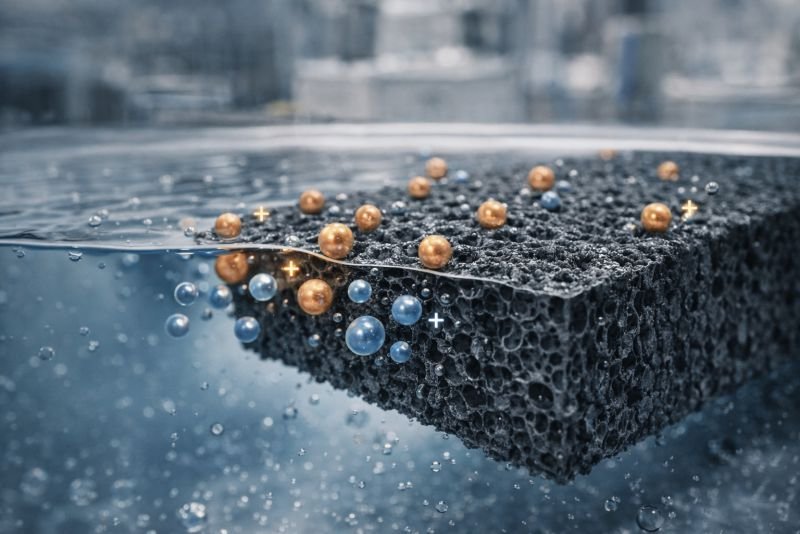 Electrochemical electrode surface in electrolyte with ions interacting near an active coating, illustrating pseudocapacitance in electrochemistry