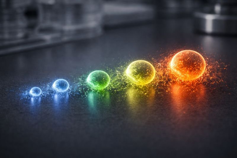 Photorealistic scientific studio image of glowing quantum dots of different sizes suspended above a dark laboratory surface, with color variation from blue through green and yellow to red showing size-dependent optical behavior in nanoscale semiconductors.