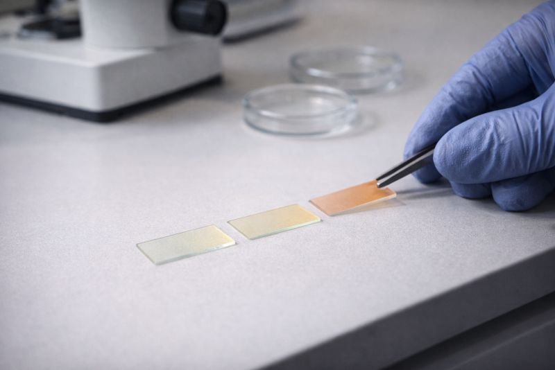 Photograph of thin glass laboratory samples with faint translucent coating layers arranged on a bench, illustrating tunable quantum dot films for solar paint research.