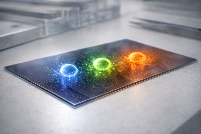 Photorealistic macro laboratory image of a thin solar nanomaterial film with embedded glowing quantum dots of different sizes under controlled white illumination on a clean research bench.