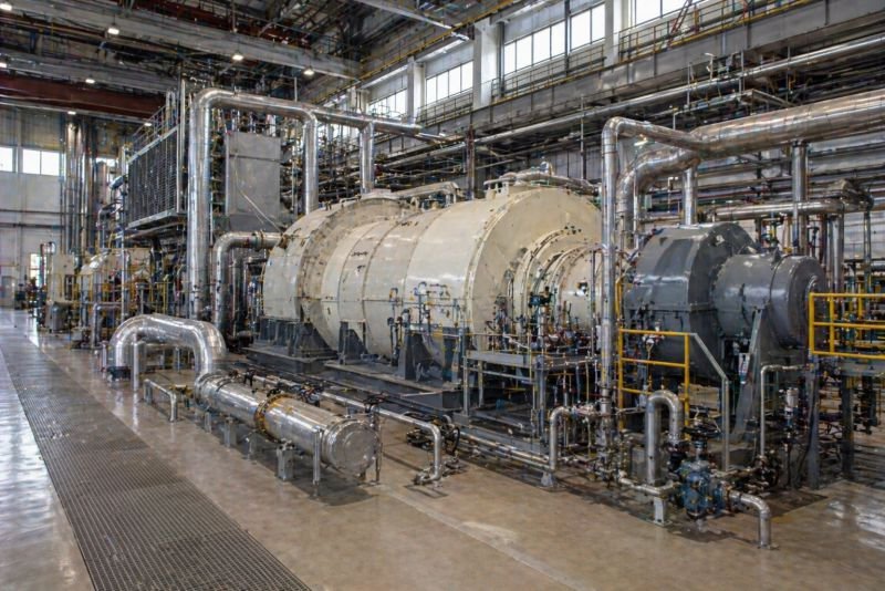 Industrial steam turbine hall with insulated steam pipes, turbine casing, condenser equipment, and control instrumentation