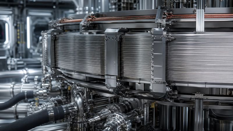 REBCO superconducting coil assembly with visible winding layers and cryogenic hardware inside a research facility.