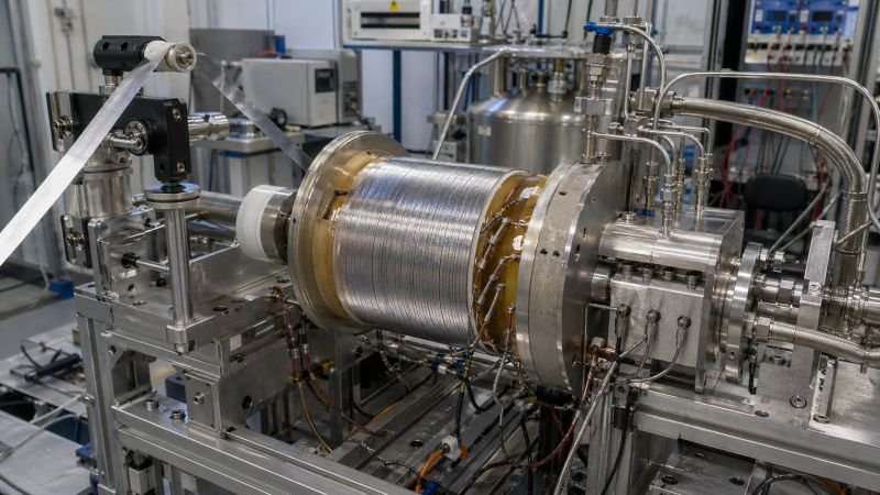REBCO superconducting tape being wound into a compact high-field magnet coil with cryogenic piping, measurement hardware, and clean engineering lab equipment.