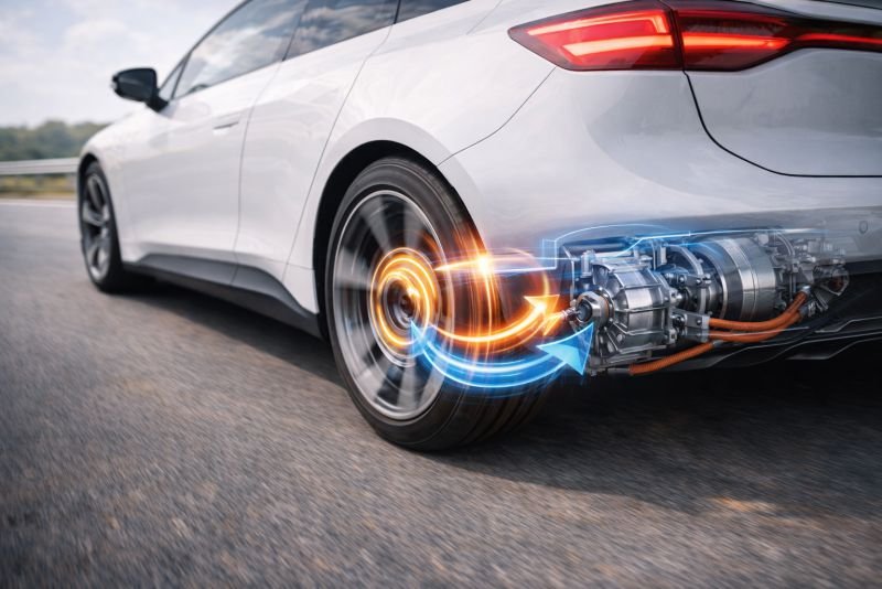 Electric vehicle slowing down with regenerative braking illustrated through the drivetrain and motor, showing energy recovery back into the electrical system