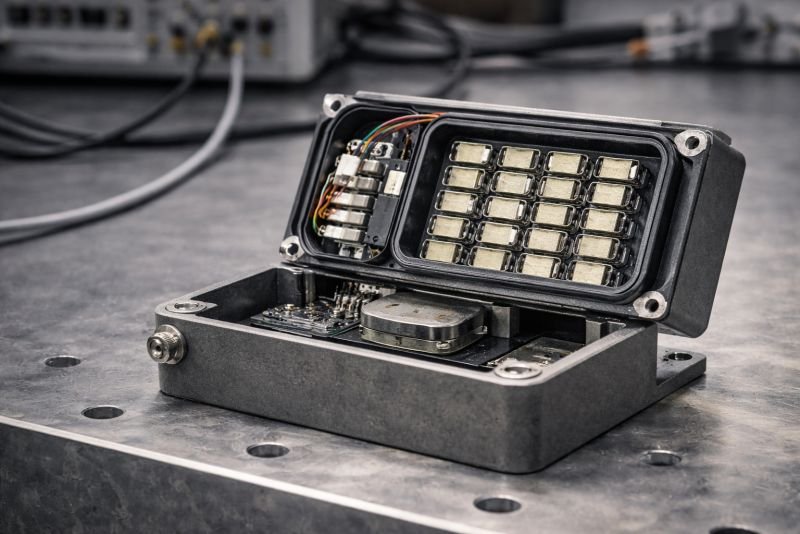 Laboratory prototype showing multiple small resonant elements arranged in an array inside a compact housing, with supporting electronics and mounting hardware for broadband vibration engineering.