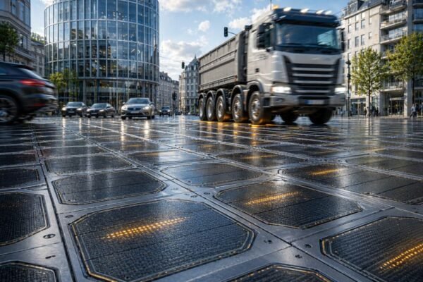 Modular kinetic roadway panel field in a modern European city intersection in bright post-rain daylight.