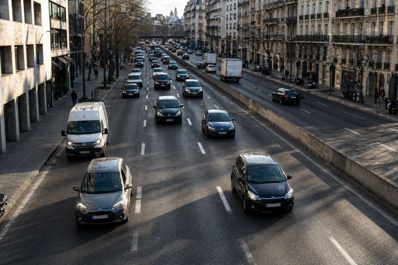 Slow-moving boulevard traffic in a dense European city in afternoon light.
