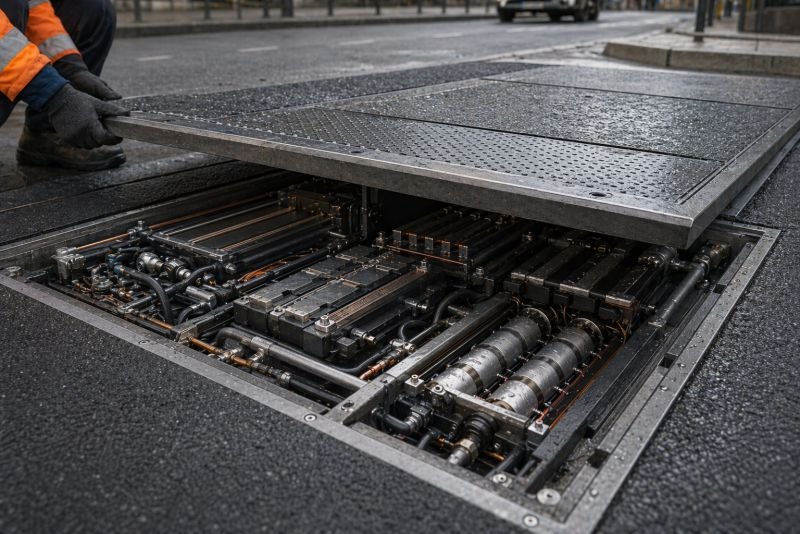 Road energy harvester module during maintenance in an urban street in overcast daylight.