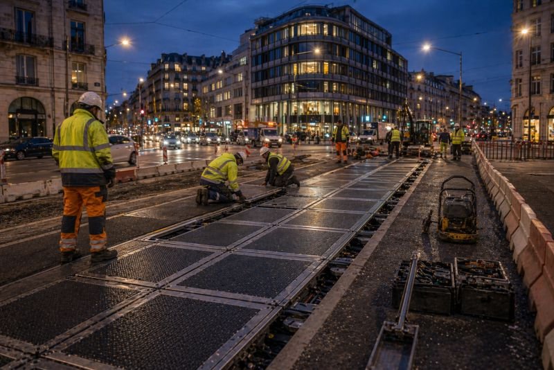 Smart urban street panel installation in a modern European city street at dusk.