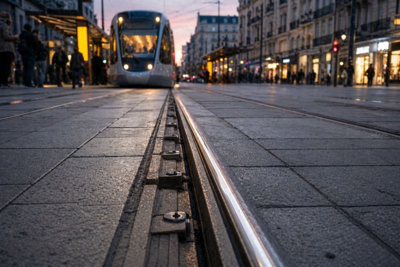 Urban light rail approach track in a European city street in evening ambient light.