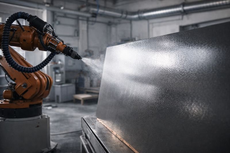Photograph of an industrial robotic spray arm coating a large flat panel in a factory, with fine mist visible in side light and a wet surface sheen showing controlled thin-film application.