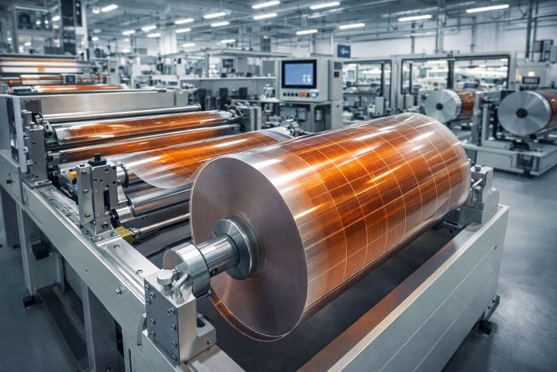 Roll-to-roll organic solar cell manufacturing line producing flexible transparent photovoltaic film in a modern industrial facility.