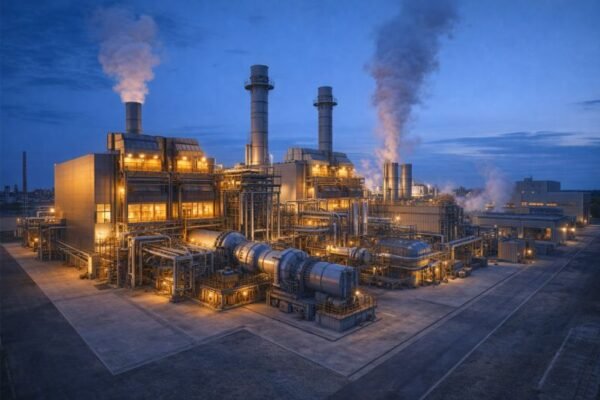 Modern combined-cycle power plant in blue hour.