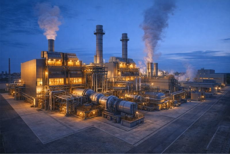 Modern combined-cycle power plant in blue hour.