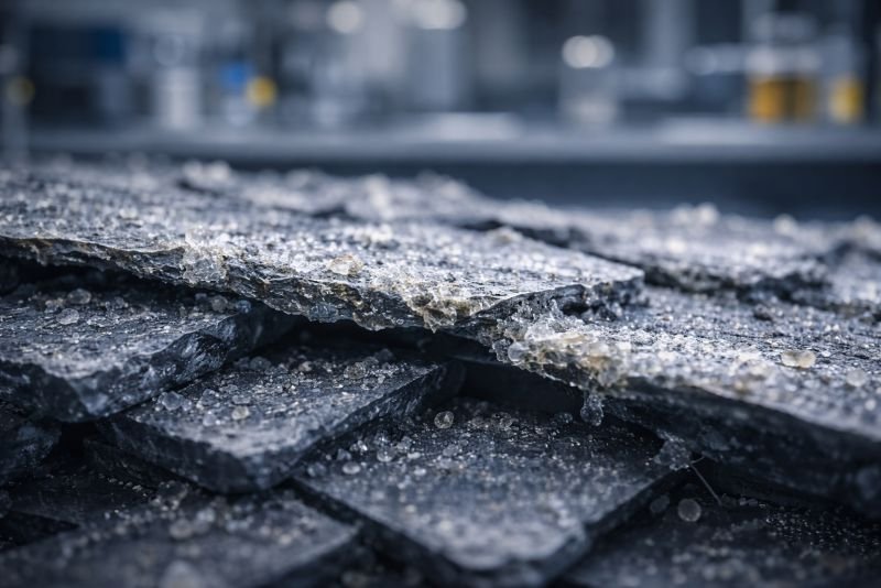 Macro close-up of graphite particles in a lithium-ion electrode covered by a thin solid electrolyte interphase layer in a battery research setting.