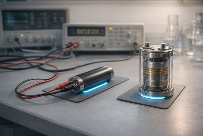 Laboratory bench with a battery and supercapacitor test setup, with one device connected for measurement and another left idle to illustrate self-discharge in energy storage