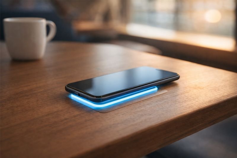 Slim smartphone resting on an illuminated contact charging pad built into a wooden cafe table in warm ambient light