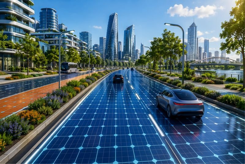 Futuristic urban highway with integrated photovoltaic road panels designed to absorb solar energy and generate electricity.