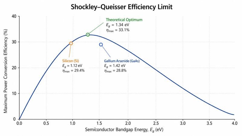 Clean graph showing the Shockley-Queisser efficiency limit curve plotted against semiconductor bandgap energy, with labeled points for silicon, gallium arsenide, and the theoretical optimum. White background, the curve shown as a bold line with a clear peak.