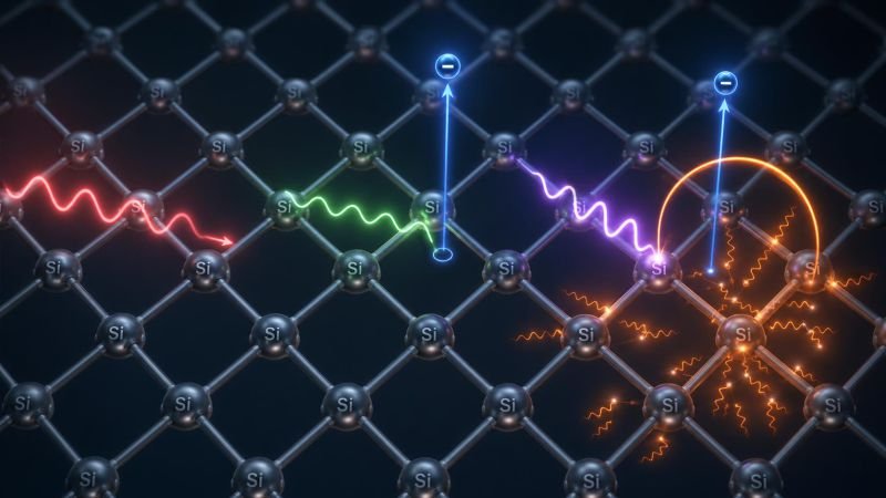 Close-up scientific illustration of a silicon crystal lattice with three labeled photon trajectories: a low-energy infrared photon passing through, a visible photon freeing an electron at the bandgap level, and a high-energy ultraviolet photon freeing an electron with a large excess energy arc shown as dissipating heat. Dark background.
