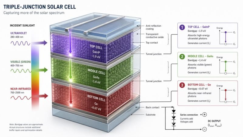 Technical cutaway diagram of a triple-junction solar cell stack, showing three labeled semiconductor layers with light rays of different wavelengths (ultraviolet, visible green, near-infrared) penetrating to their corresponding active layers. Transparent materials, precise label lines.