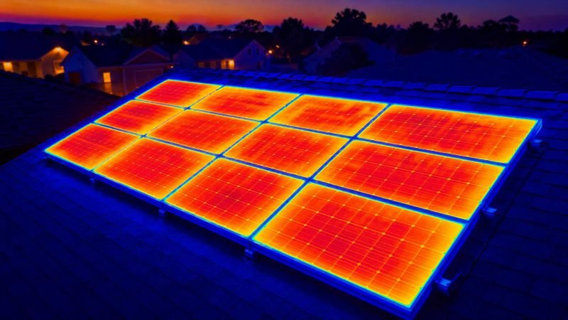 Thermographic infrared view of a rooftop solar panel array, showing heat distribution in false color from cool blue at panel edges to bright orange and red in the central cells. Suburban rooftop setting, dusk light.