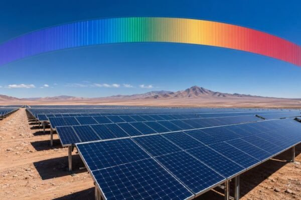 Wide-angle view of a solar farm in the Atacama Desert at midday, with a superimposed spectral gradient spanning from deep ultraviolet through visible colors to infrared, shown as a semi-transparent arc above the panel rows. Arid landscape.