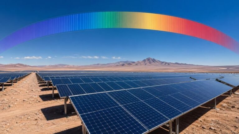 Wide-angle view of a solar farm in the Atacama Desert at midday, with a superimposed spectral gradient spanning from deep ultraviolet through visible colors to infrared, shown as a semi-transparent arc above the panel rows. Arid landscape.