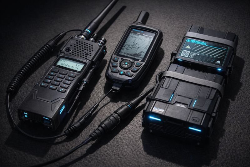Documentary-style photograph of futuristic military field equipment laid out on a dark surface, including an advanced tactical radio, compact navigation device, and modular battery packs under strong overhead lighting.