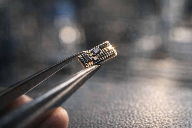 Close-up documentary-style photograph of a rice-sized microelectronics component held between tweezers, with strong side lighting revealing fine surface details against a blurred technical background.