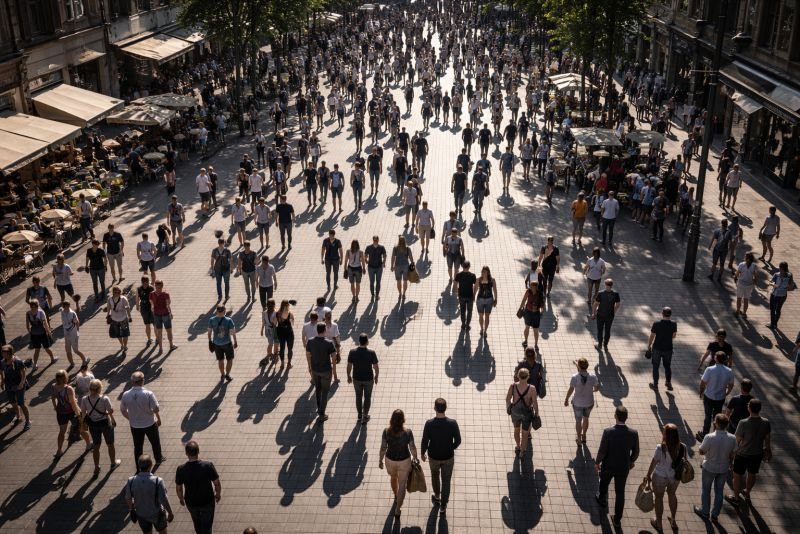 High-angle documentary-style photograph of a busy urban street on a clear sunny day, with large numbers of pedestrians creating a dense pattern of light and shadow that suggests the city-scale potential of solar-generating clothing.
