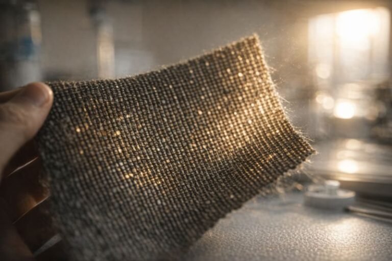 Documentary-style close-up of woven fabric under strong directional sunlight, with individual textile fibers catching warm golden light at different angles and shallow depth of field revealing surface texture.