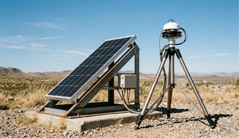 A professional solar irradiance measurement station featuring a high-precision pyranometer on a tripod and a tilted reference photovoltaic panel in a clear, sunny outdoor environment.