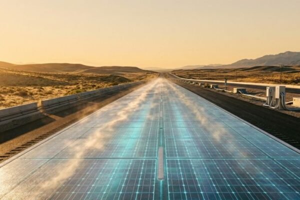 Active solar roadway with hex-tile PV array in desert landscape.