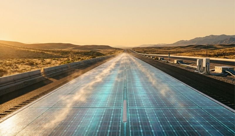 Active solar roadway with hex-tile PV array in desert landscape.