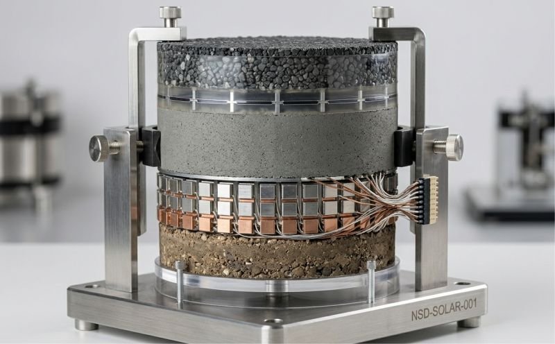 Technical core sample showing the layered structure of an operational solar pavement device, including its functional strata. Realistic photography.
