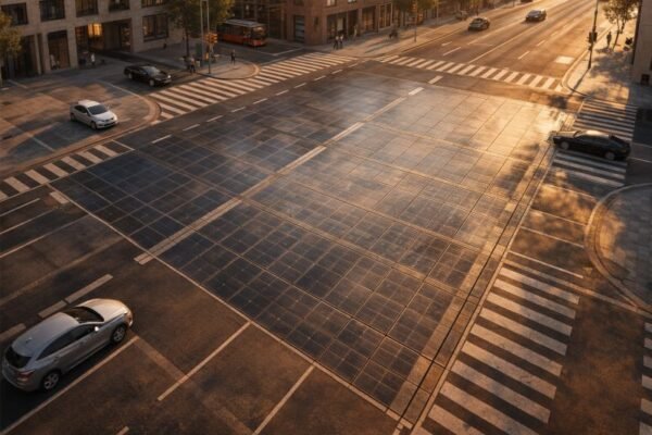 Modular solar roadway intersection in a modern European city at golden hour.
