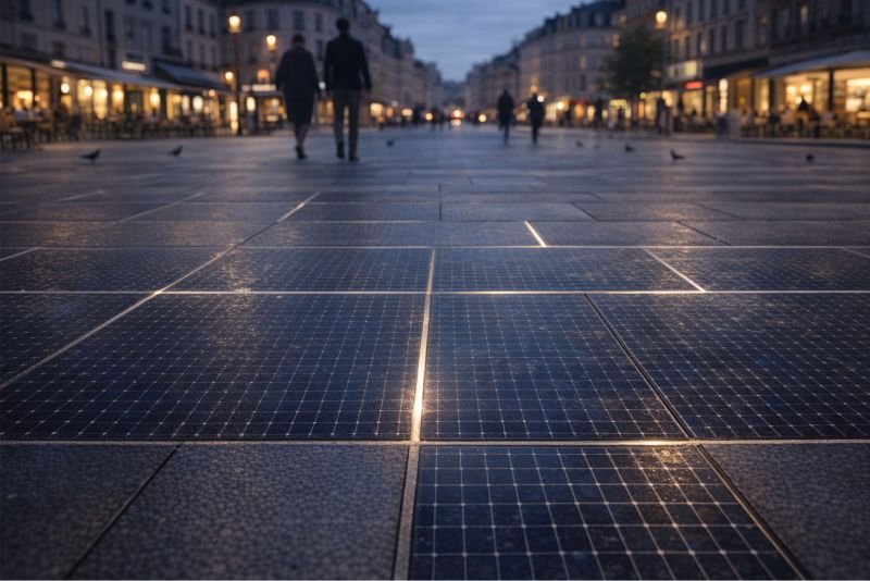 Solar roadway tile surface in an urban square at dusk.
