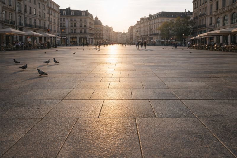 Broad public pedestrian square in a European city in afternoon light.