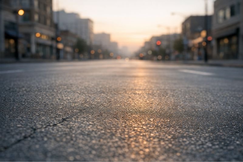 Urban road surface in a quiet urban street at dawn.