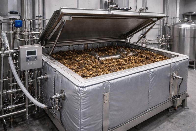 Compact high-solids biogas reactor filled with dense organic feedstock, with insulated walls, piping, and process hardware in a technical setting