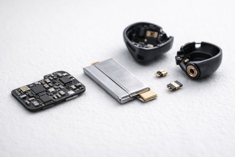 Photorealistic macro shot of disassembled miniature wearable electronics on a clean lab surface, featuring a thin solid-state battery cell, compact microcircuit board, tiny earbud housing parts, and precision connectors in soft neutral lighting.