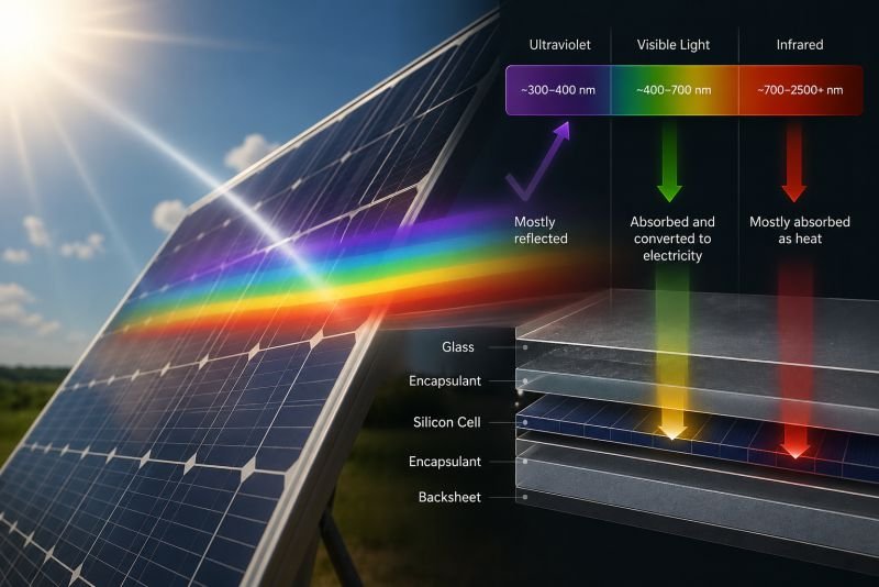 Standard silicon solar panel receiving sunlight across ultraviolet, visible, and infrared wavelengths, showing how different parts of the spectrum interact with the panel surface.