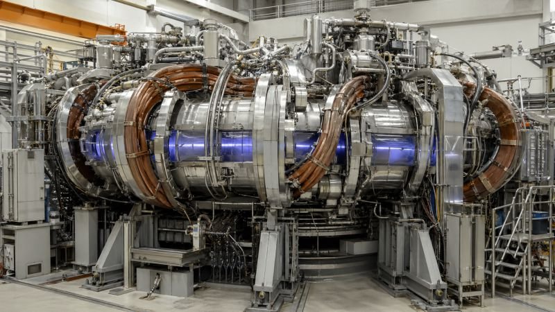 Stellarator fusion experiment with twisted magnetic coils around a toroidal plasma vessel, cooling equipment, cabling, and a faint blue plasma glow.