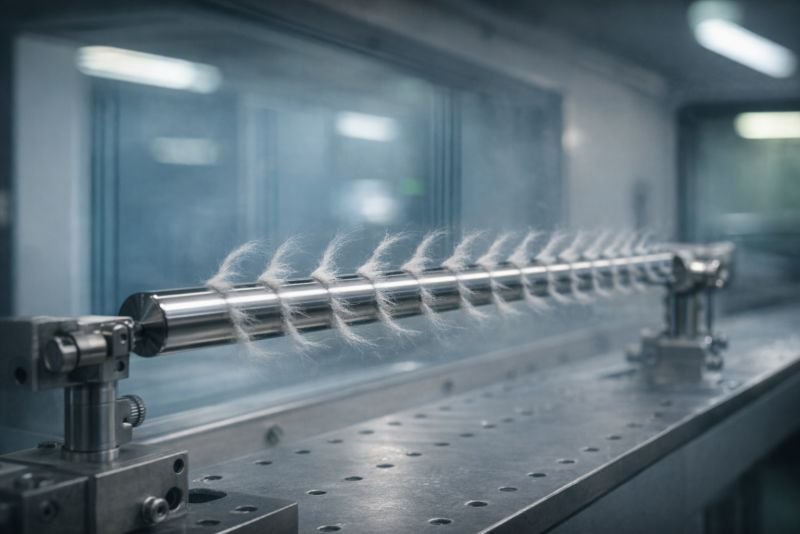 Wind tunnel experiment showing a polished cylindrical rod with wool tufts attached, visualizing vortex shedding and airflow separation patterns in a laboratory setting.
