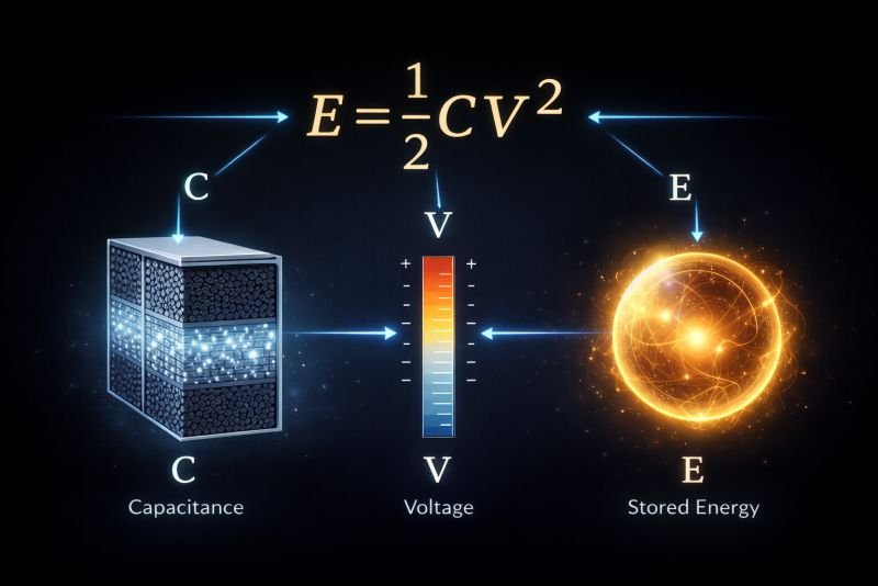 Infographic diagram of the supercapacitor energy equation showing E equals one half C V squared with capacitance, voltage, and stored energy illustrated as labeled components