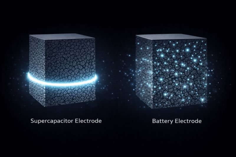 Comparative diagram showing a supercapacitor electrode storing energy at its outer surface and a battery electrode storing energy throughout its internal volume