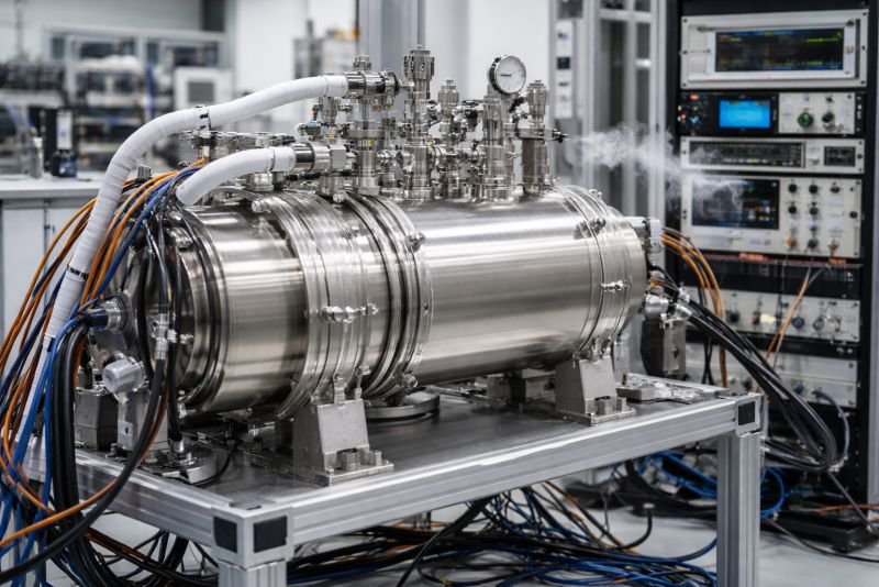Photograph of a superconducting research test setup in a laboratory, showing a stainless-steel cryostat with insulated lines, instrumentation, and control electronics.