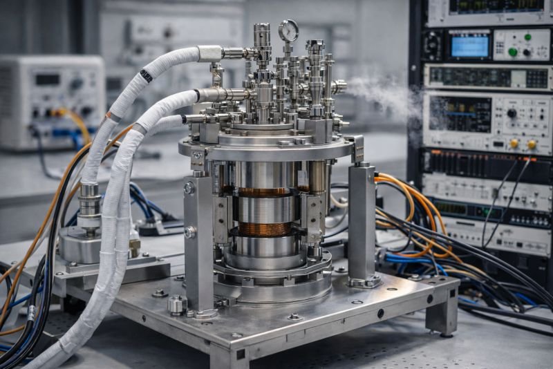 Photorealistic laboratory scene showing a cryogenic superconducting test assembly with insulated lines, metallic support hardware, precision instrumentation, and a cooled magnet system in a research environment.