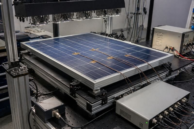 Photovoltaic module in a laboratory thermal performance test station with controlled illumination, surface temperature probes, and measurement electronics.